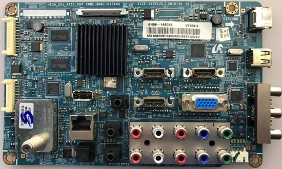 Picture of Samsung 63" Plasma TV Main Board: BN96-14803A, BN41-01344B, 25L4005AM2C-12G, MP8707EN, K4T1G164QE-HCF8, BN40-00163A, PN63C550G1FXZA