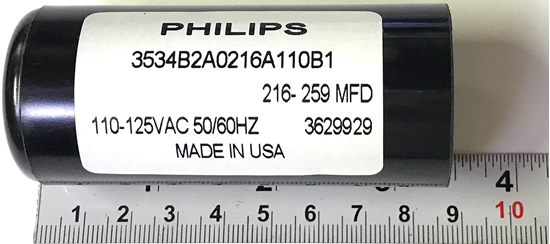 Picture of Philips 3534B2A0216A110B1, 216-259 MFD, 110-125VAC 50/60HZ, 3629929, 259MFD, 125VAC, Philips VAC Capacitors